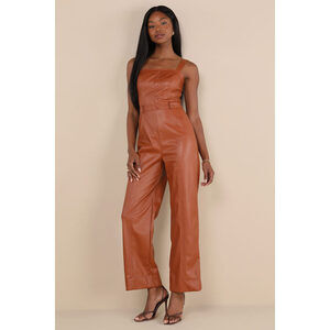 Lulus Trendiest Cutie Brown Vegan Leather Straight Leg Jumpsuit - Size L
